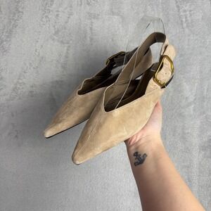 Zara Tan Suede Pointed Toe Slingback Flats Gold Buckle Size 38 Sand Beige V-Cut